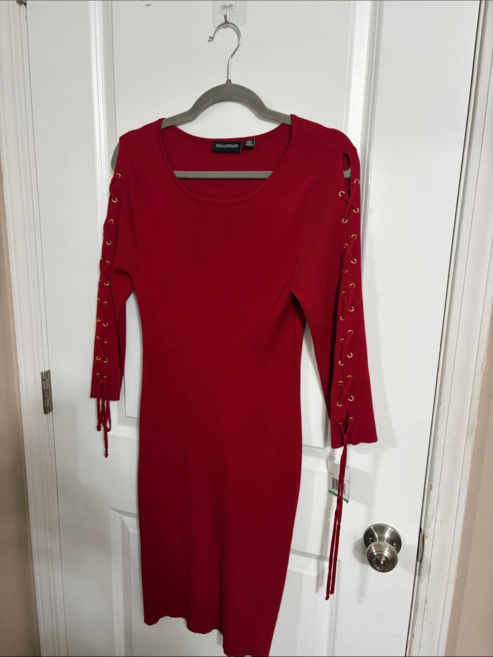 Nina Leonard Red Ribbed Lace-Up Sleeve Midi Dress